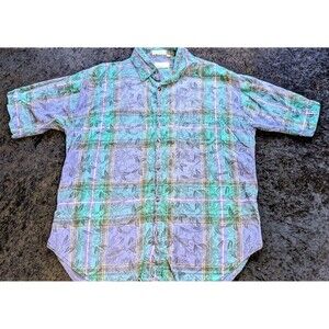Vintage Enro Button Up Short Sleeve Shirt Purple & Green Floral Size Medium